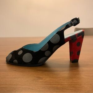 Thierry Rabotin Black and Red Polkadot Leather Heels, Size 38 / 7.5
